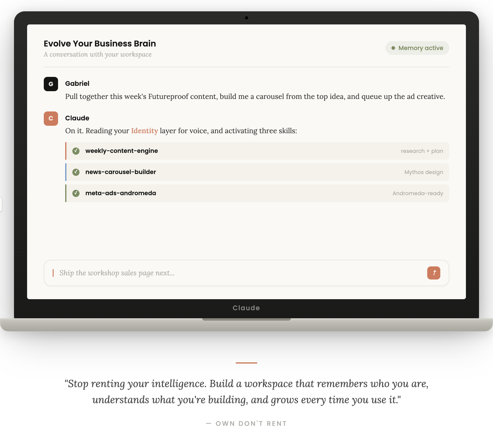 The Living Workspace shown on a laptop — a Claude conversation titled Evolve Your Business Brain activating three skills.