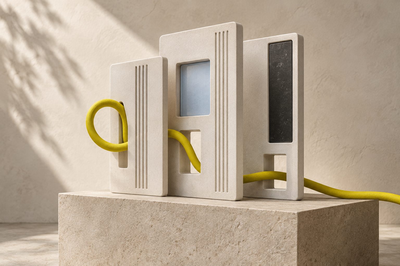 Sculpture of three ivory panels joined by a single yellow cord, the Living System artwork